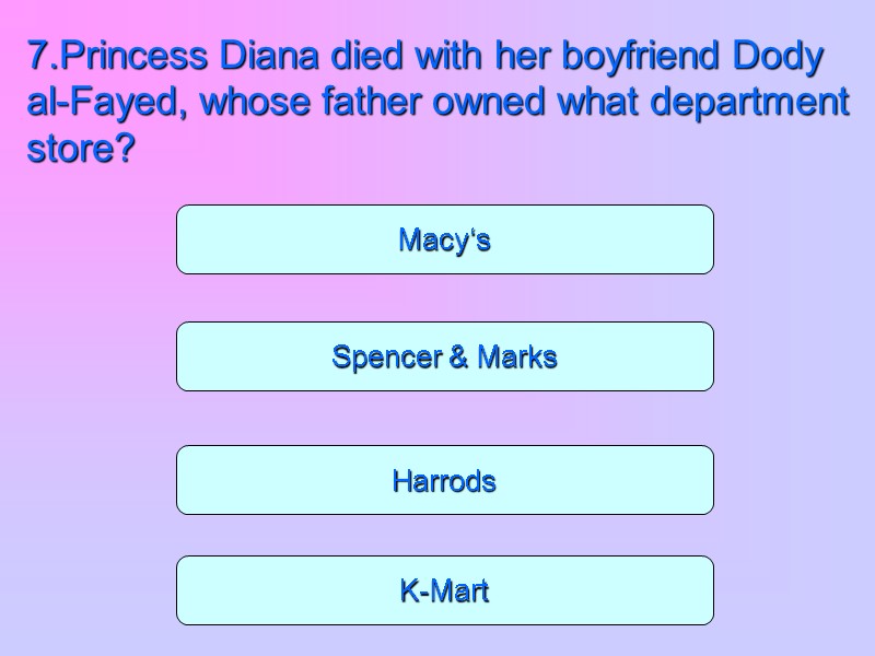 Spencer & Marks Harrods K-Mart Macy‘s 7.Princess Diana died with her boyfriend Dody al-Fayed,